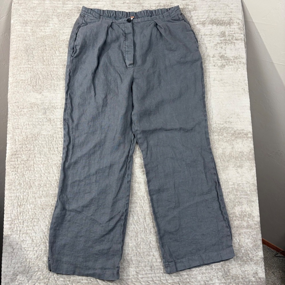 Free People Grey‎ Linen Blend Pleated Wide Leg Crop Pants Large Elastic Waist